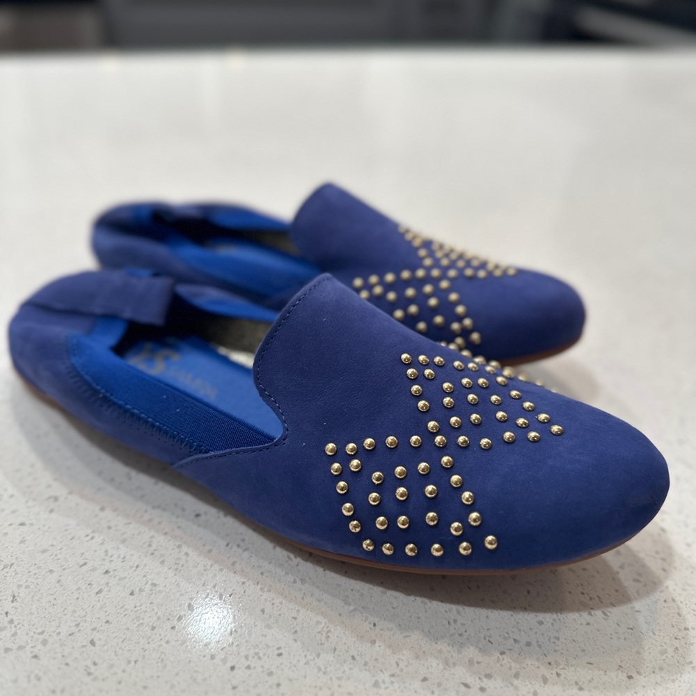 Yosi Samra Blue and Gold Studded Flats, Sz 9